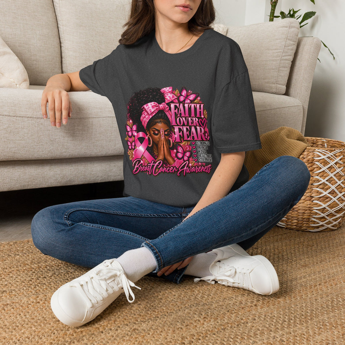Faith Over Fear Praying Woman Breast Cancer Awareness T-Shirt
