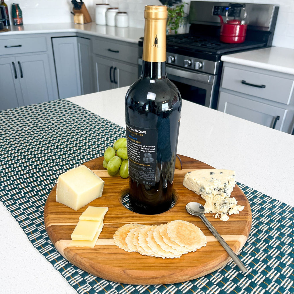 Hand-Carved Teak Serving Board | Wine & Dip Bowl Cutout