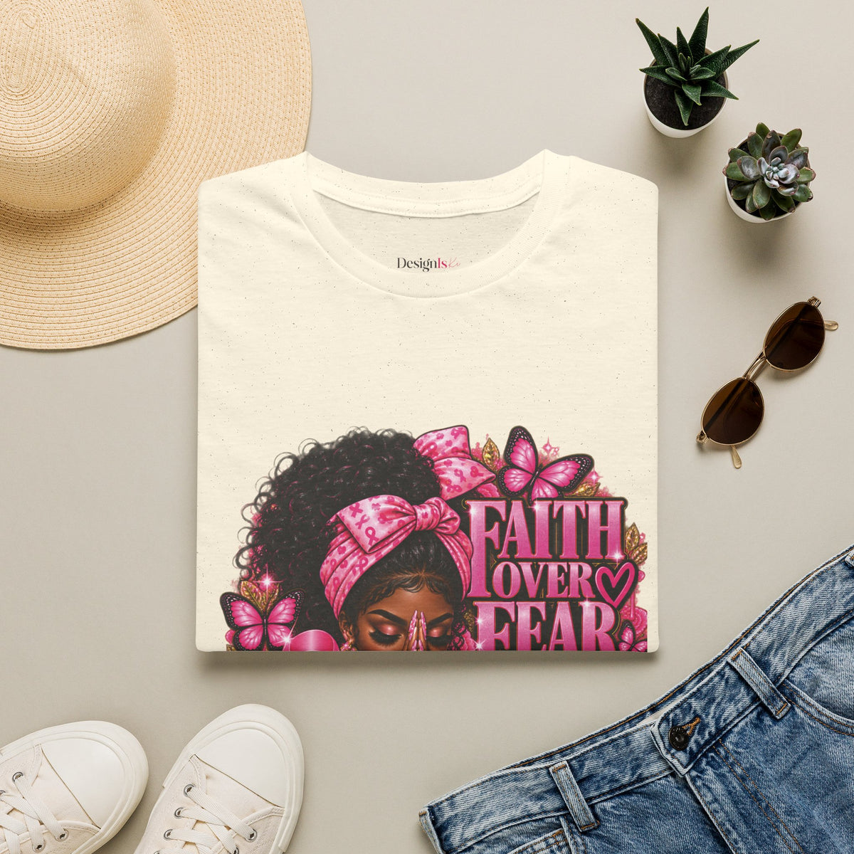 Faith Over Fear Praying Woman Breast Cancer Awareness T-Shirt