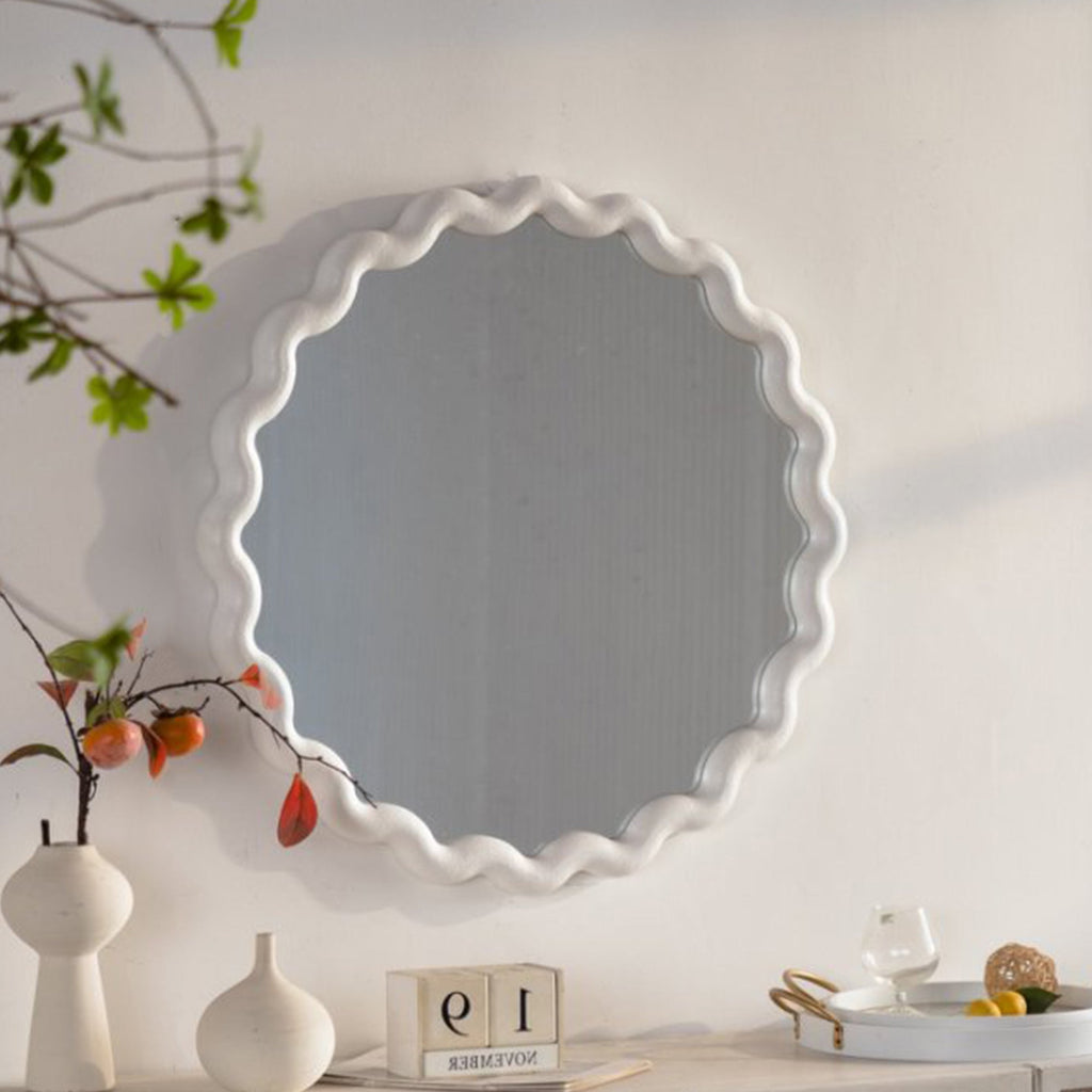 White Scalloped Round Wall Mirror | 28 in