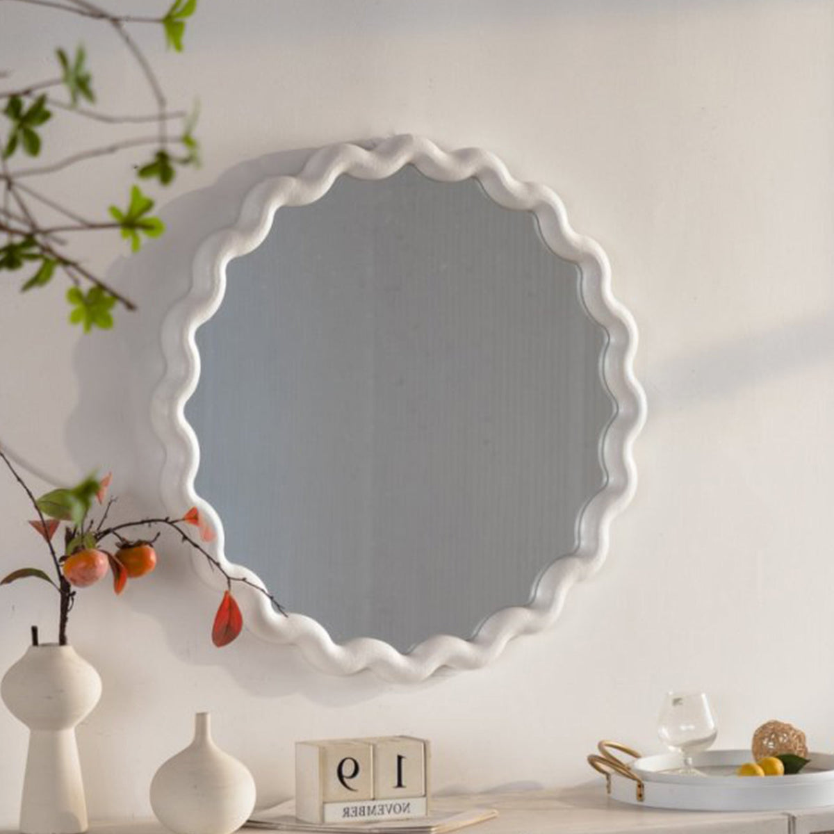 White Scalloped Round Wall Mirror | 28 in