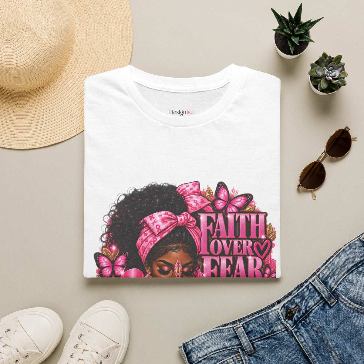 Faith Over Fear Praying Woman Breast Cancer Awareness T-Shirt