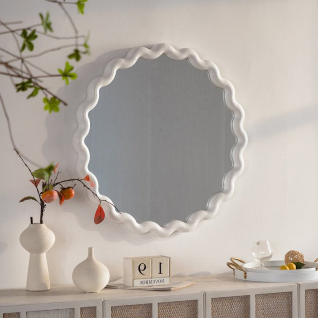 White Scalloped Round Wall Mirror | 28 in