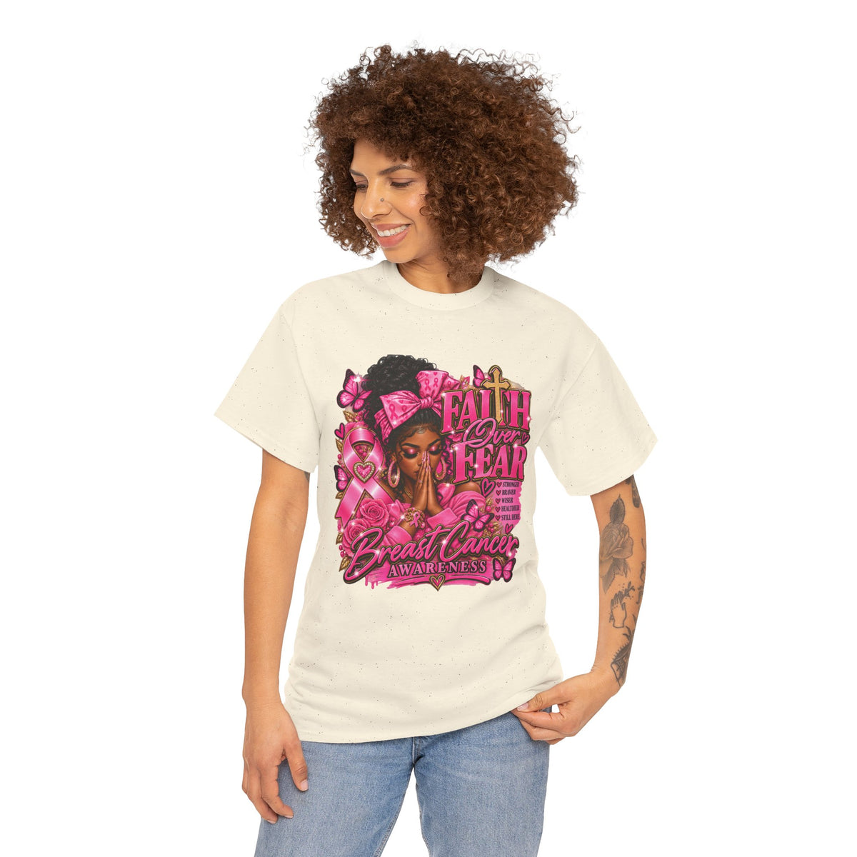 Faith Over Fear Floral Woman Breast Cancer Awareness Tee