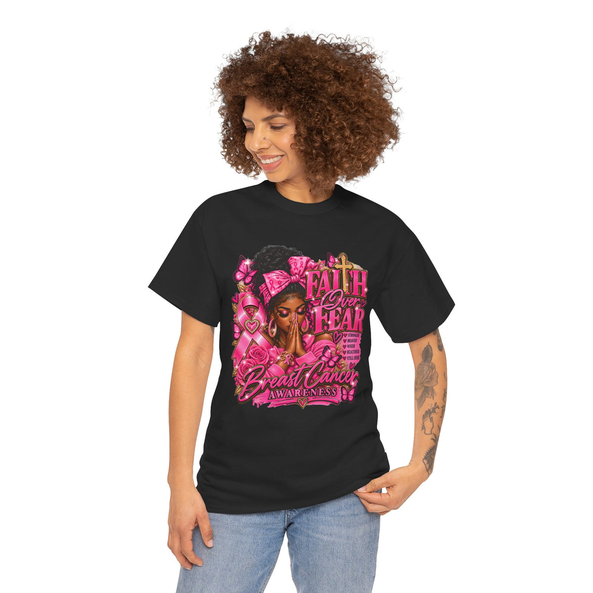 Faith Over Fear Floral Woman Breast Cancer Awareness Tee