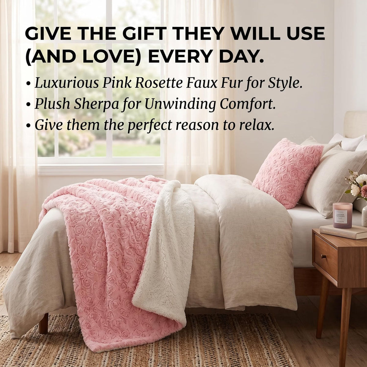 Blush Pink Rosebud Sherpa Throw Blanket | 3 Sizes