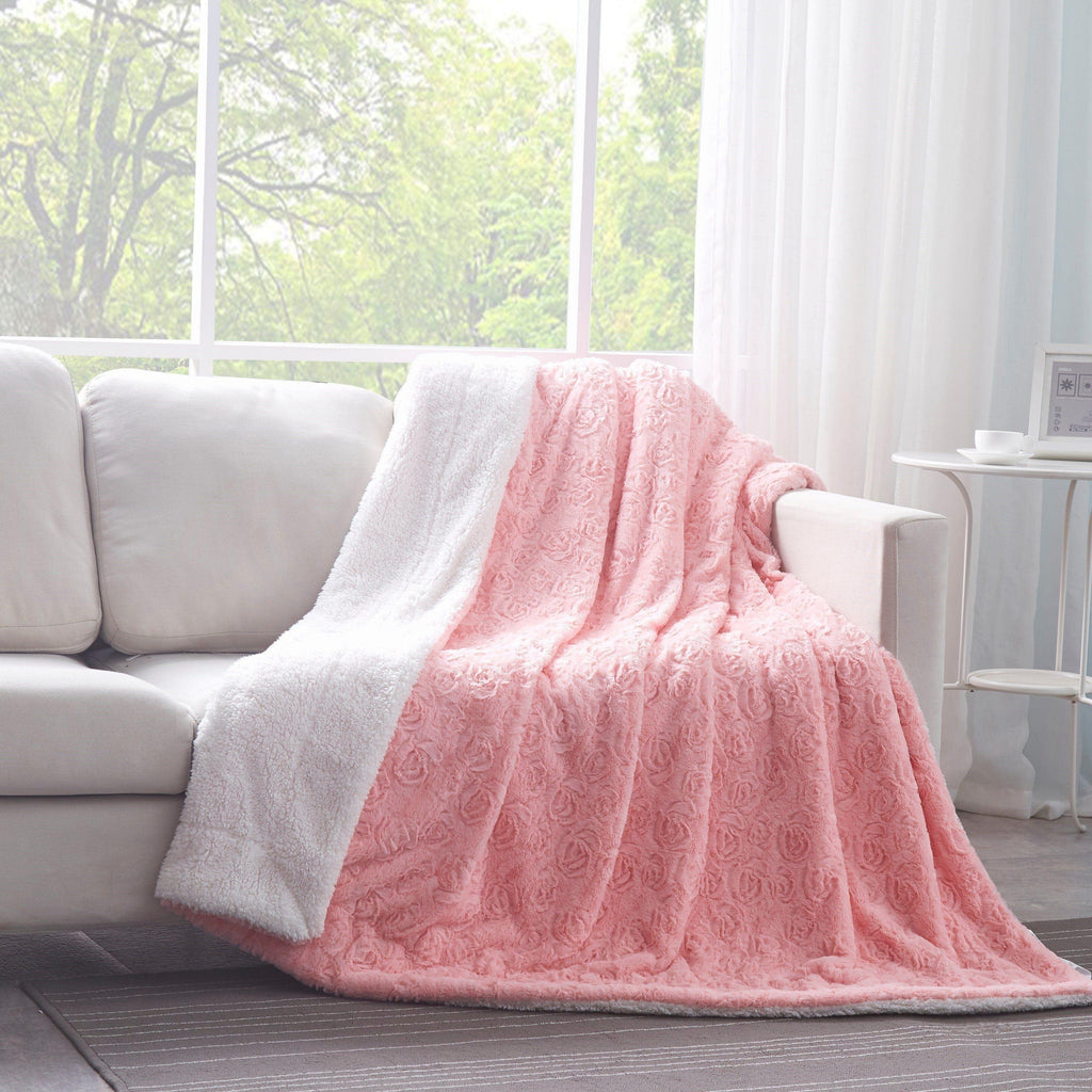 Blush Pink Rosebud Sherpa Throw Blanket | 3 Sizes