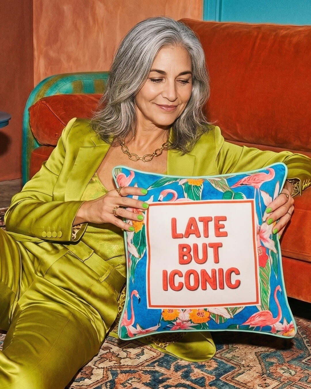 Late But Iconic Velvet Statement Pillow | 17 × 17 in
