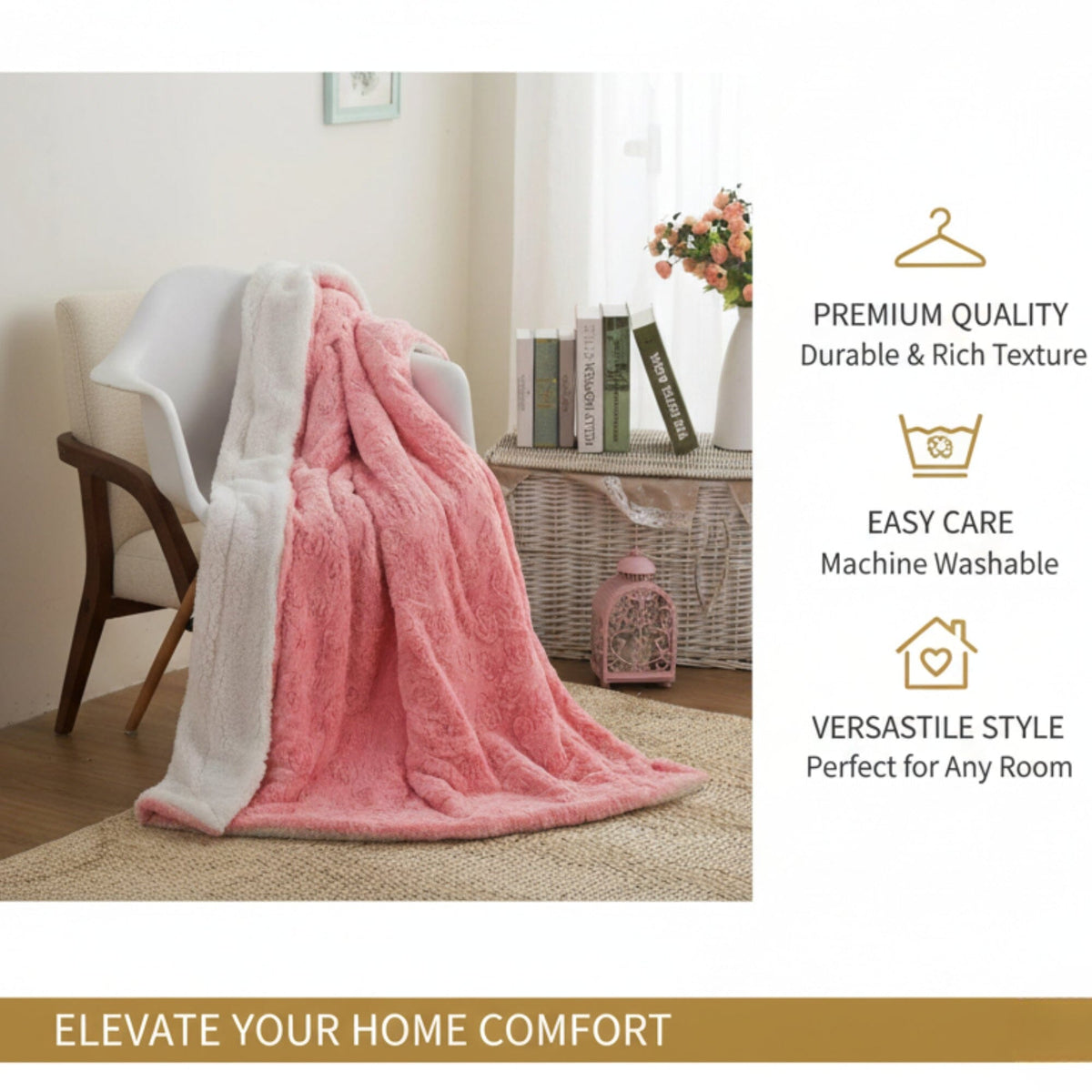 Blush Pink Rosebud Sherpa Throw Blanket | 3 Sizes