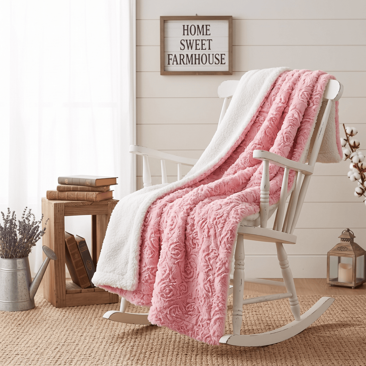 Blush Pink Rosebud Sherpa Throw Blanket | 3 Sizes