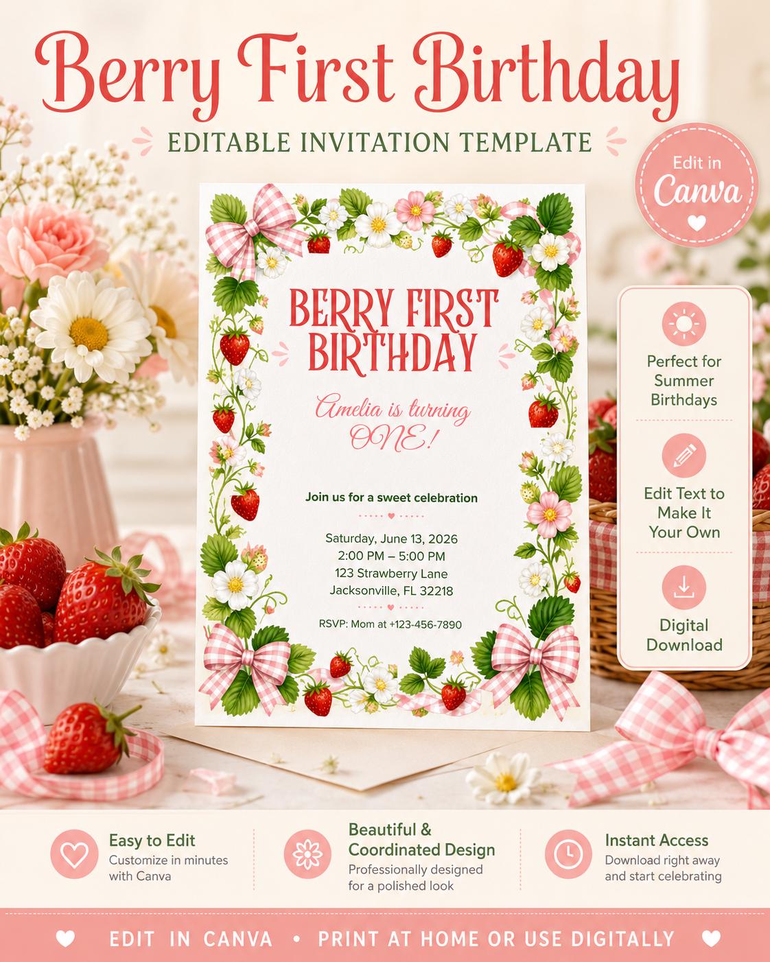 Berry First Birthday Invitation Template, Strawberry, Editable Canva Invitation