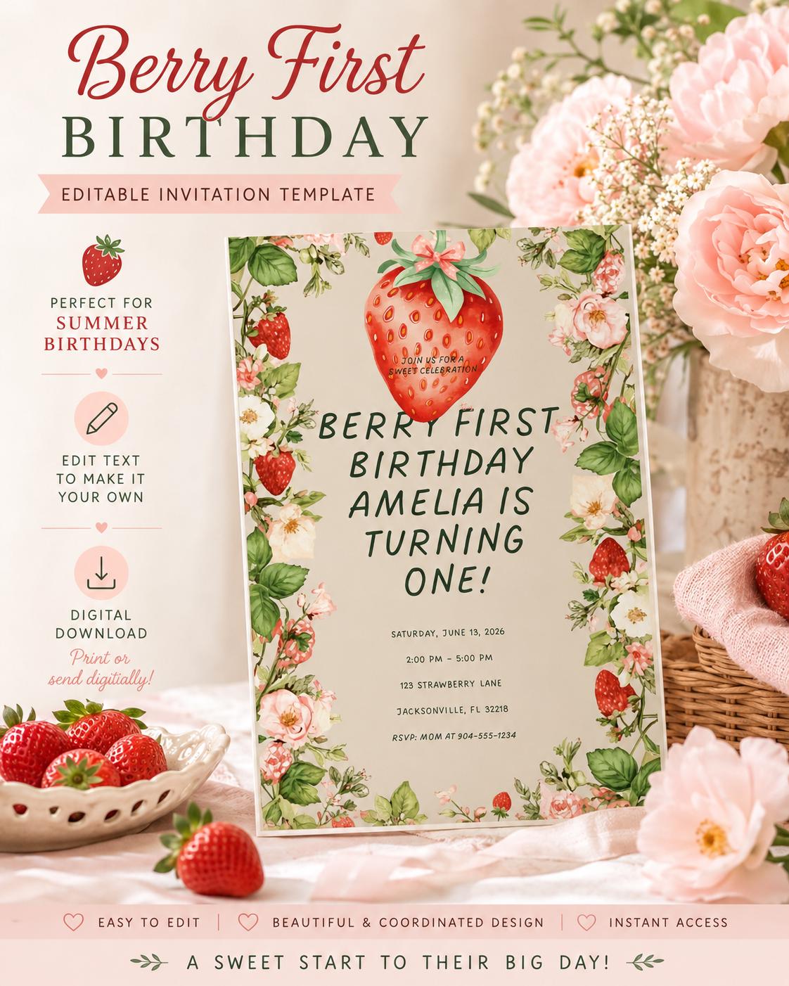 Berry First Birthday Invitation Template, Strawberry, Editable Canva Invitation