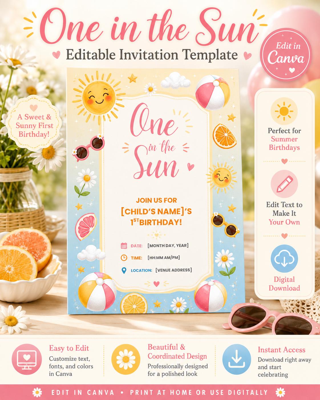 One in the Sun Birthday Invitation Template, Editable Canva Invitation
