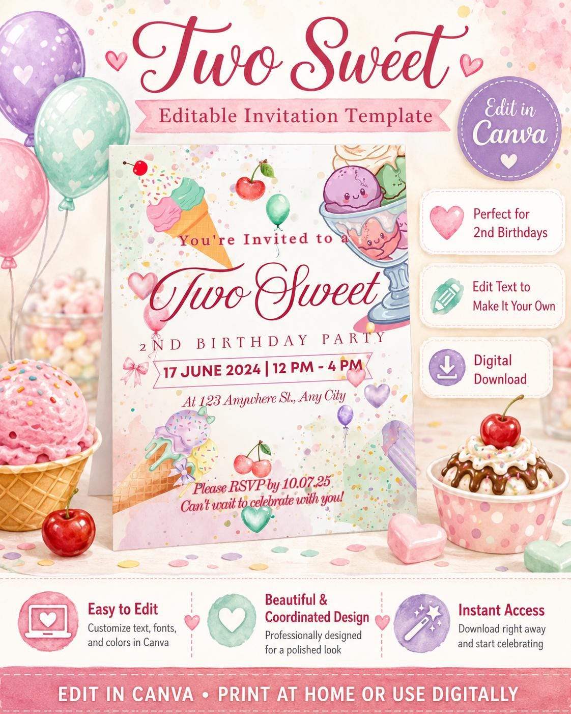 Sweet Two Ice Cream Birthday Invitation, Editable Canva Template (Digital Download)