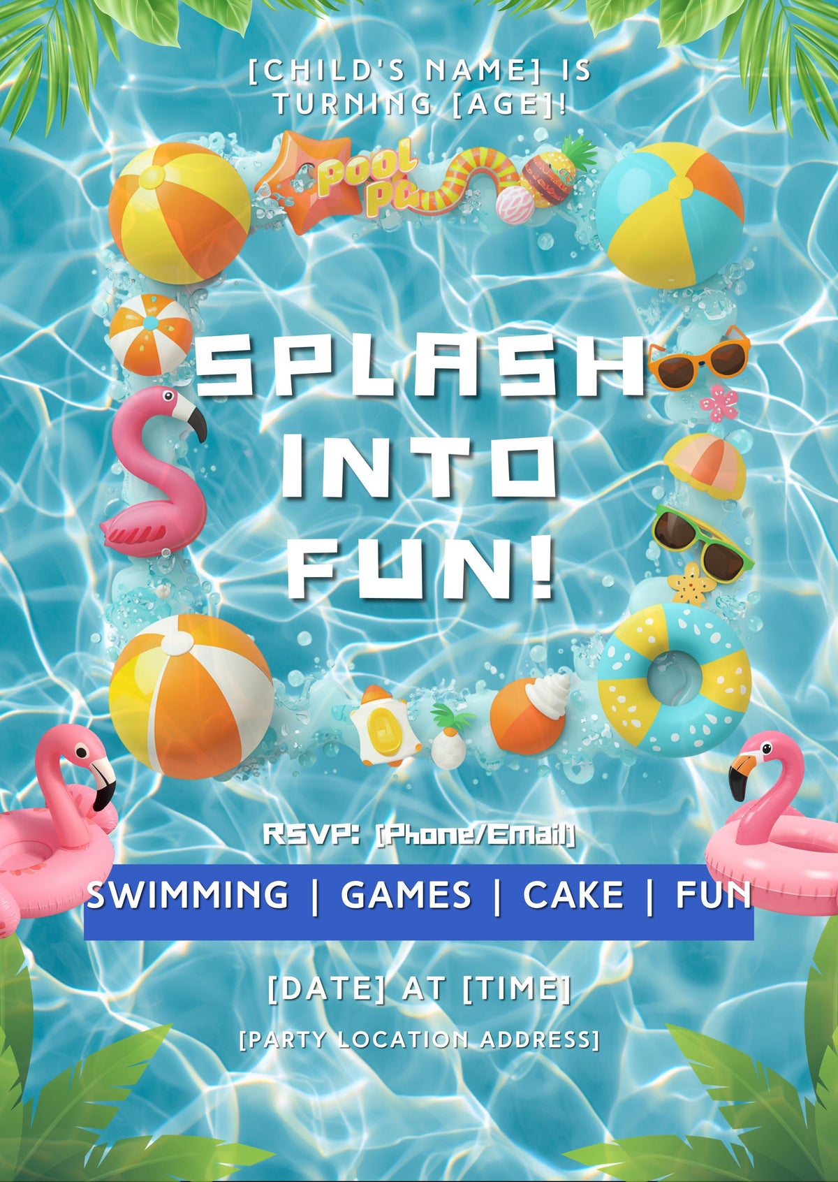 Editable Pool Party Birthday Invitation, Summer Splash Canva Template
