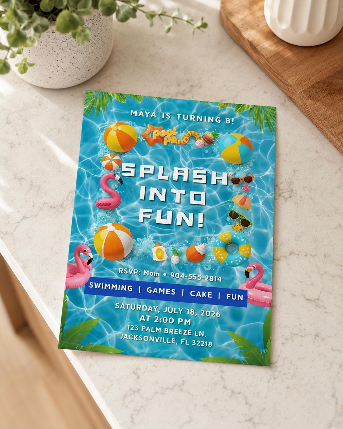 Editable Pool Party Birthday Invitation, Summer Splash Canva Template