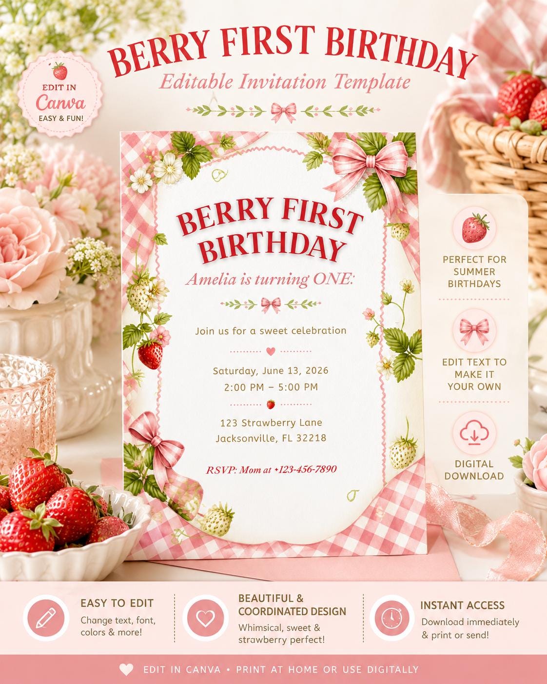 Berry First Birthday Invitation Template, Strawberry, Editable Canva Invitation