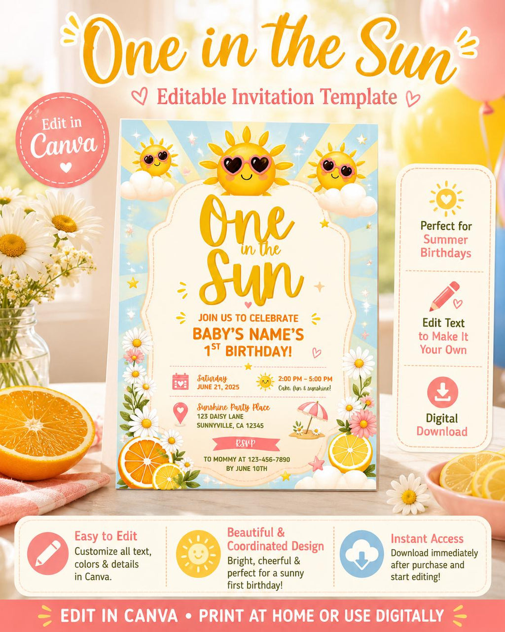 One in the Sun Birthday Invitation Template, Editable Canva Invitation