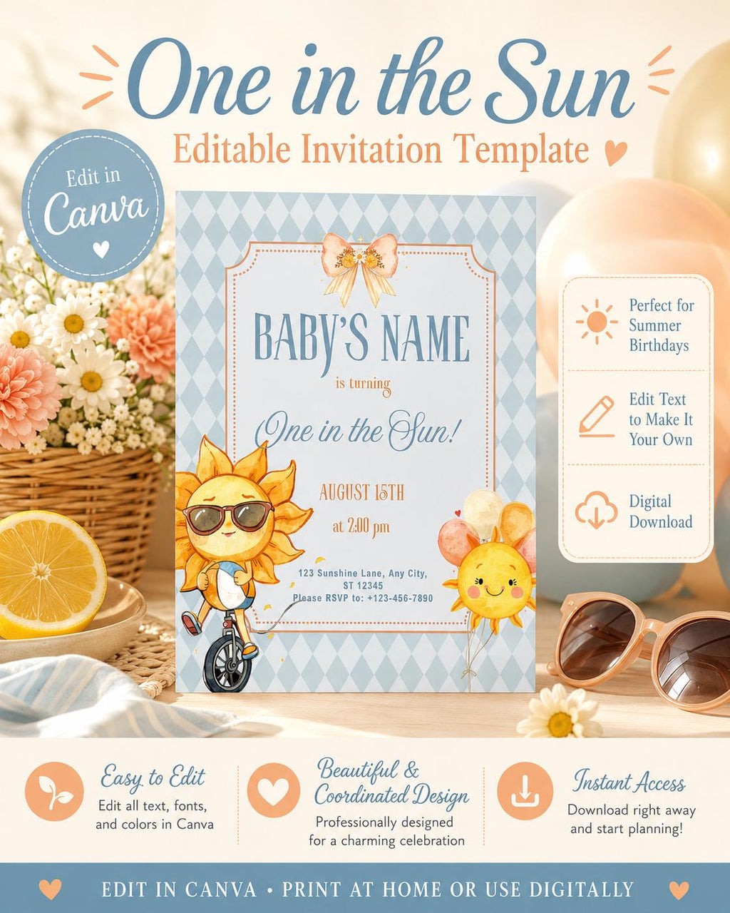 One in the Sun Birthday Invitation Template, Editable Canva Invitation