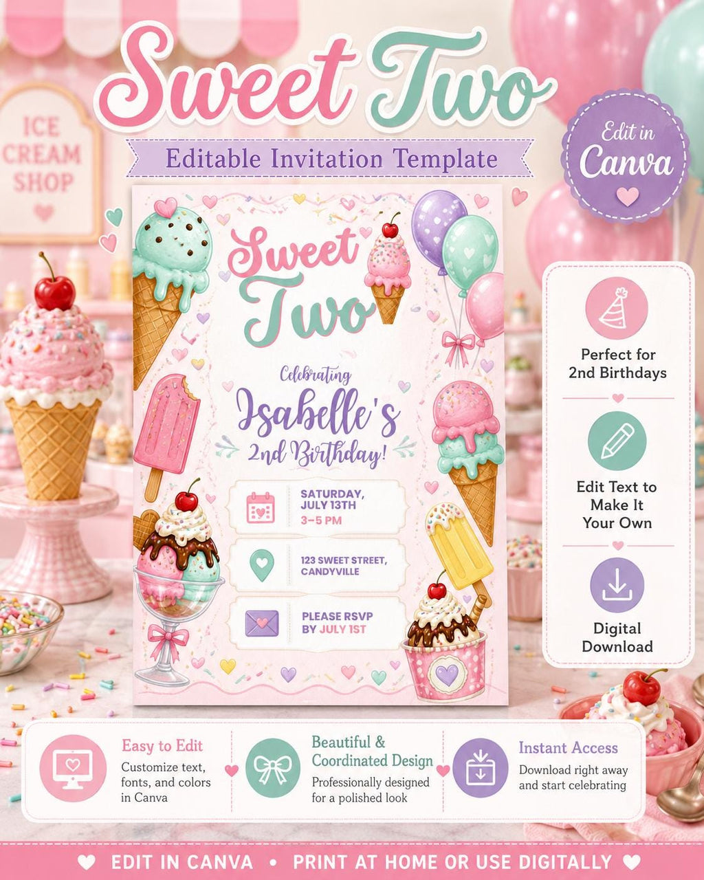 Sweet Two Ice Cream Birthday Invitation, Editable Canva Template (Digital Download)