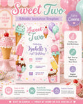Sweet Two Ice Cream Birthday Invitation, Editable Canva Template (Digital Download)