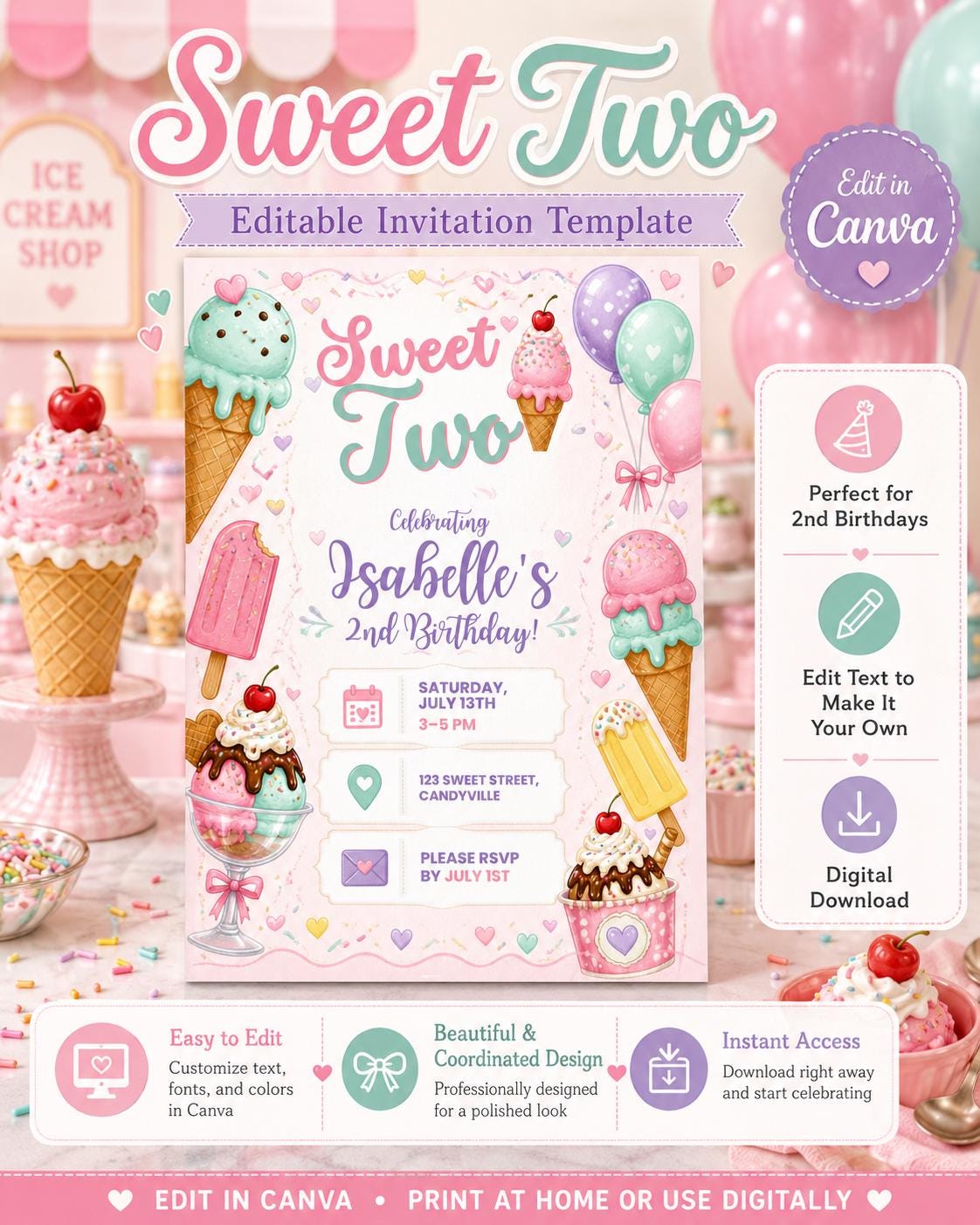 Sweet Two Ice Cream Birthday Invitation, Editable Canva Template (Digital Download)