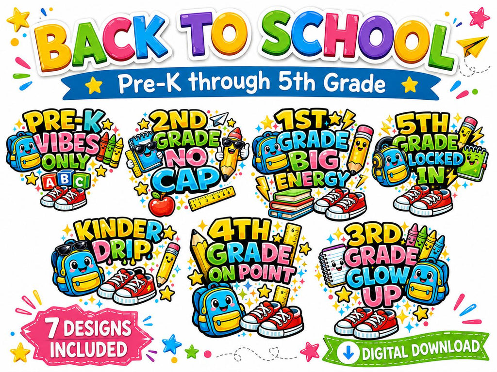 Pre-K to 5th Grade Vibes Only PNG – Back to School Shirt Design (Digital Download)