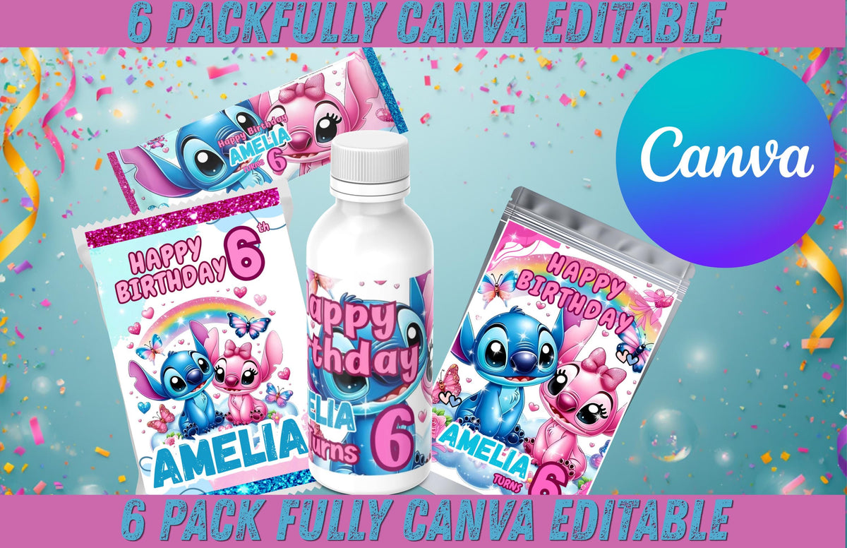 Stitch Angel Birthday Party Favor Bundle | Canva Editable Treat Boxes (Digital Download)