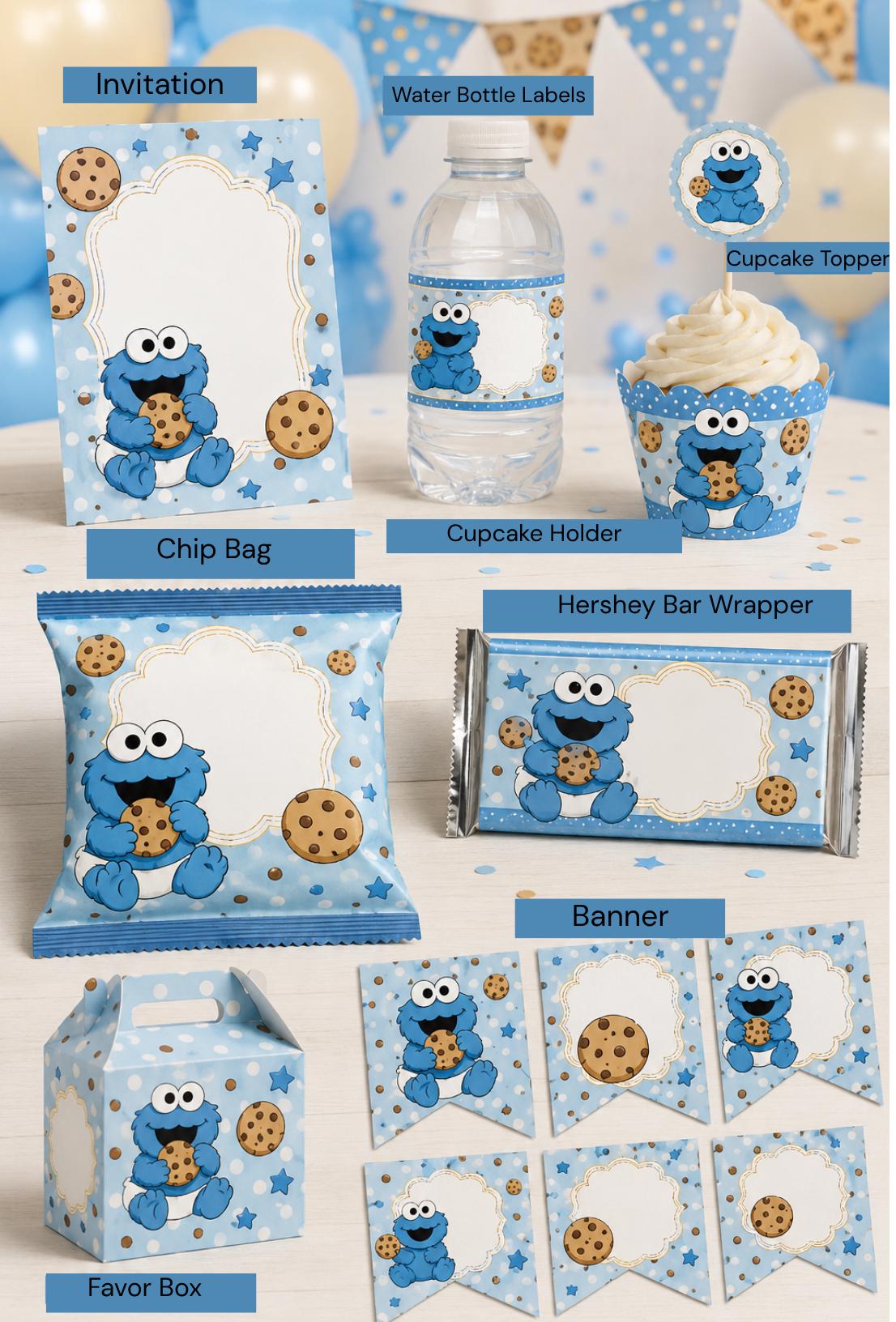 Baby Cookie Monster Party Bundle | 8 Canva Editable Templates (Digital Download)
