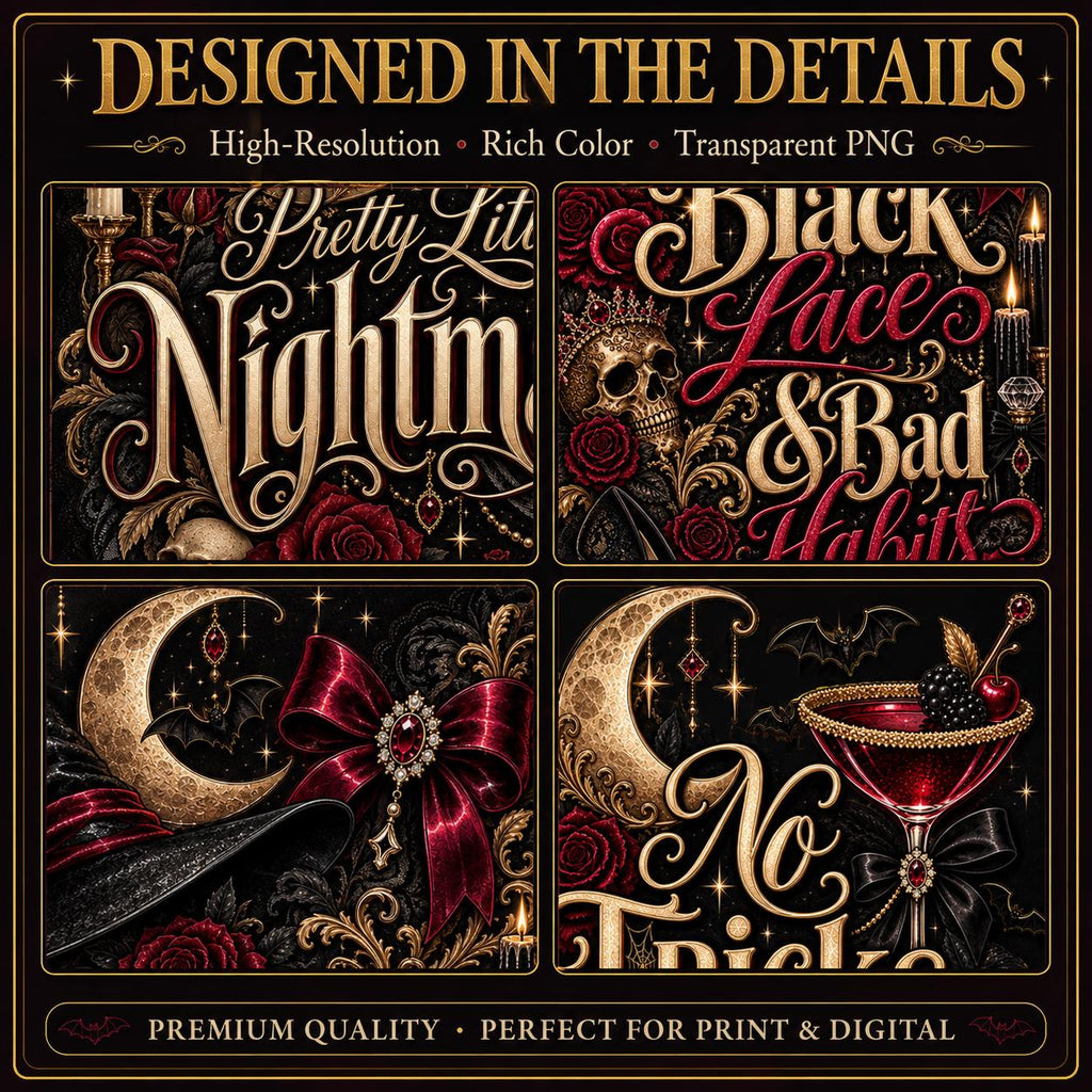 Close-up previews of After Dark Halloween PNG artwork in black, gold and burgundy.