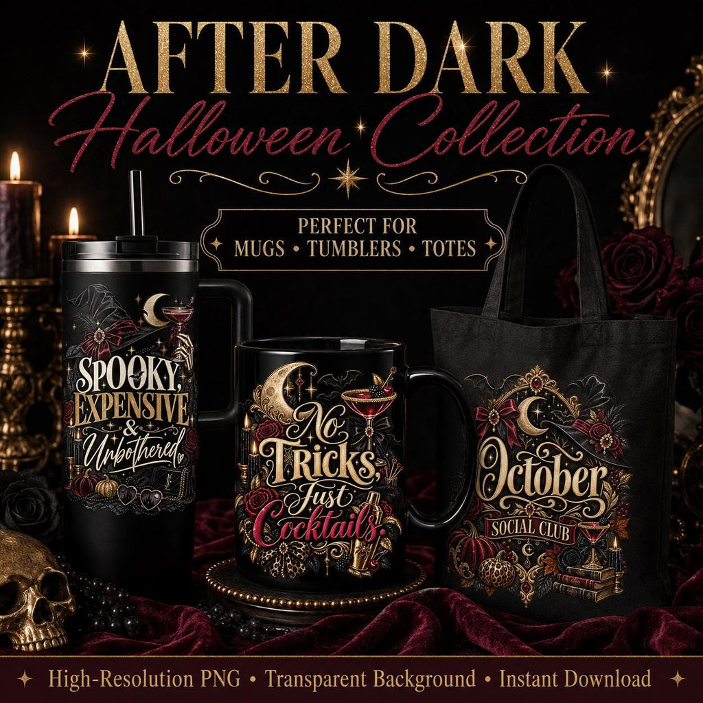 After Dark Halloween PNG designs shown on a black tumbler, mug and tote; mockups of digital artwork.