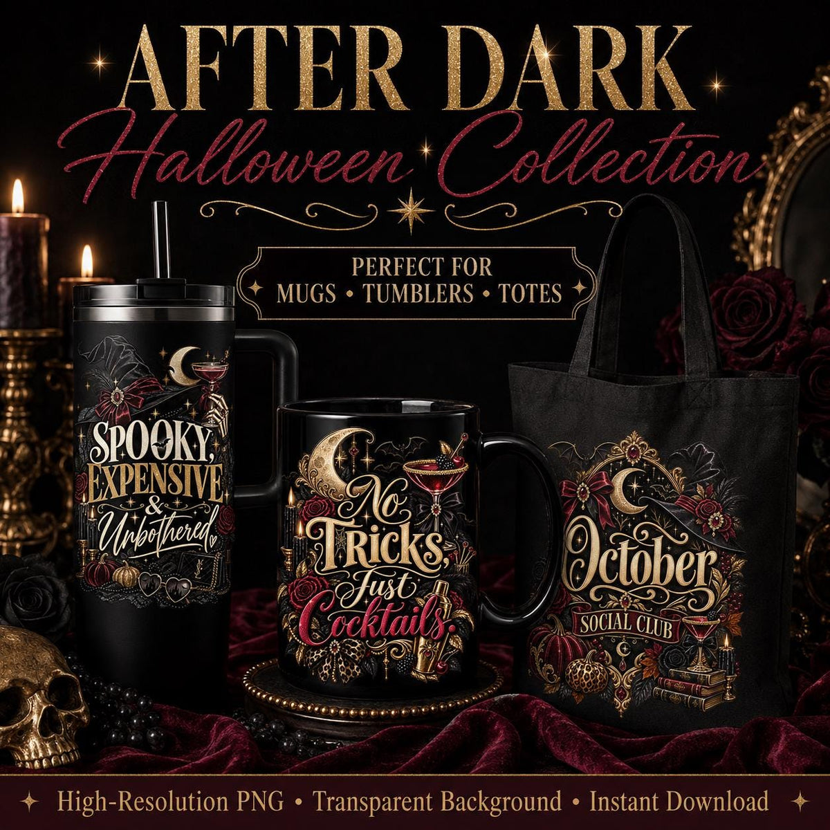 After Dark Halloween PNG designs shown on a black tumbler, mug and tote; mockups of digital artwork.