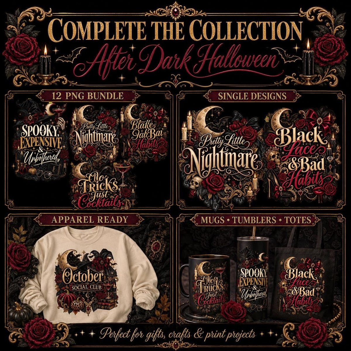 After Dark Halloween PNG Bundle | 12 Spooky Designs