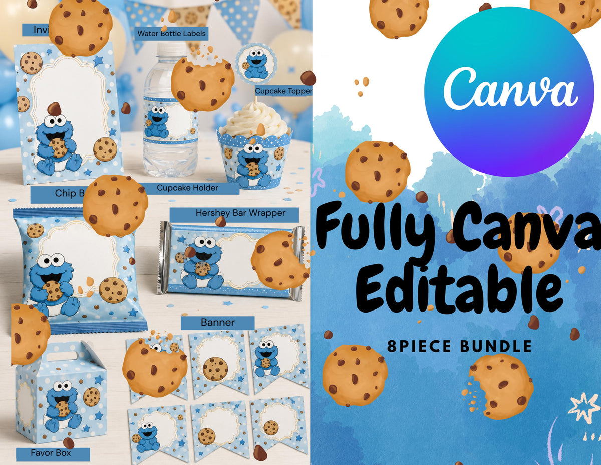Baby Cookie Monster Party Bundle | 8 Canva Editable Templates (Digital Download)