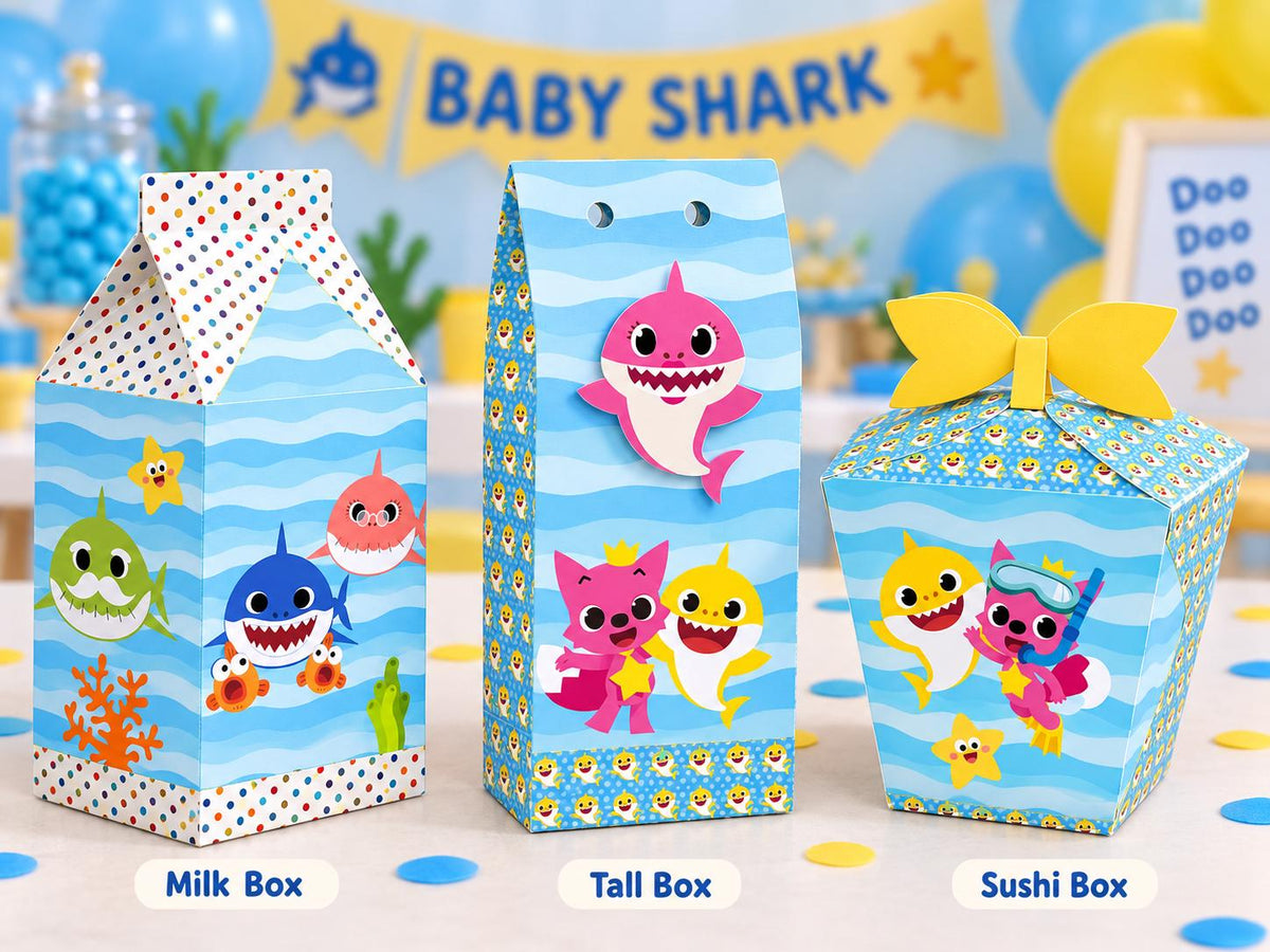 Baby Shark Party Favor Bundle | Editable Canva Templates (Milk, Tall, Sushi Boxes + Banner)
