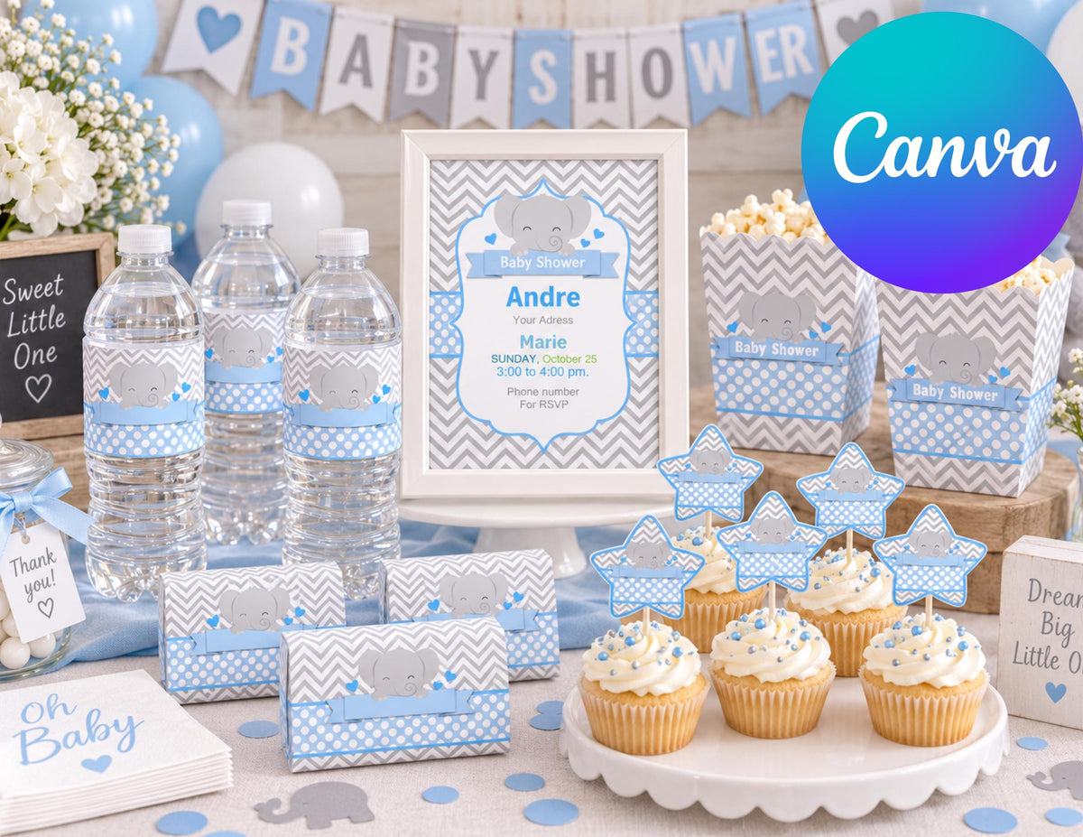 Blue Elephant Baby Shower Bundle | 5 Canva Templates