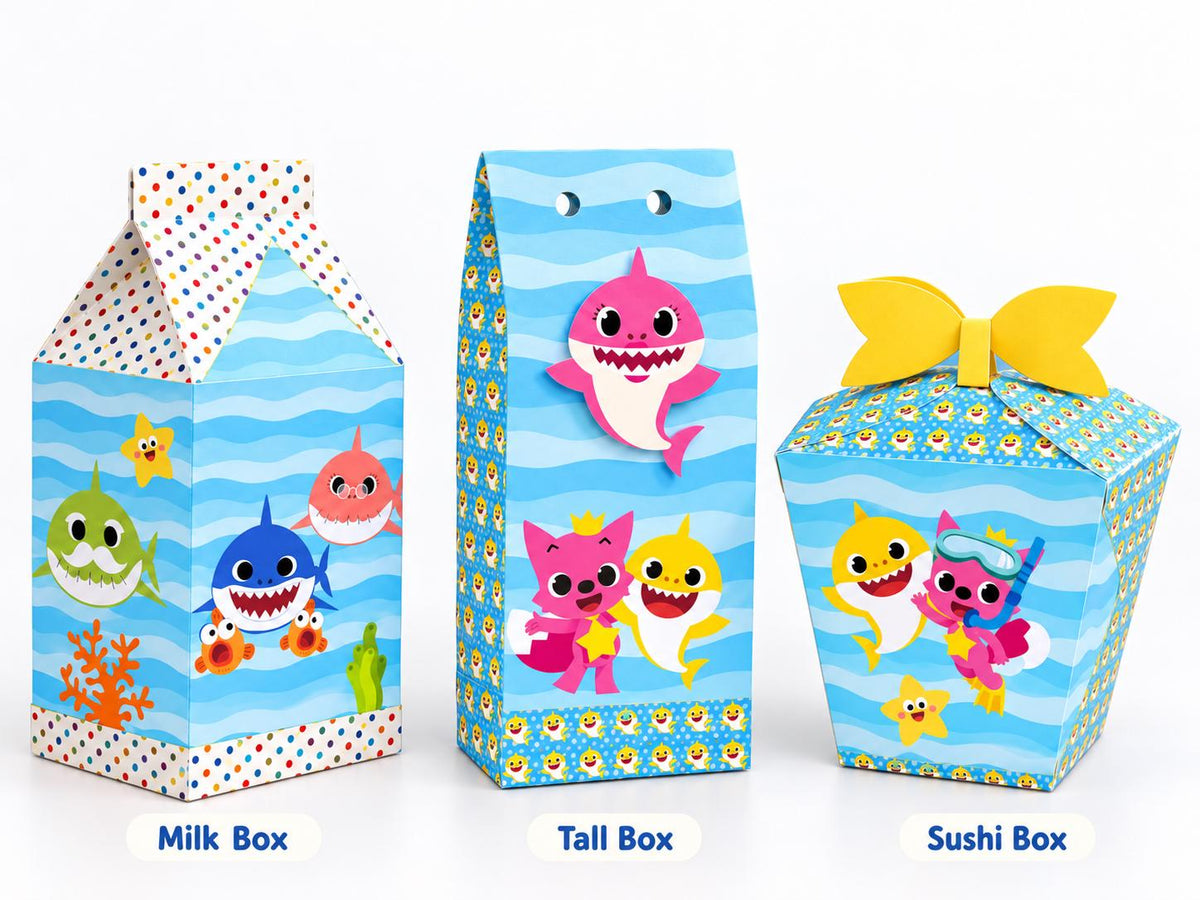 Baby Shark Party Favor Bundle | Editable Canva Templates (Milk, Tall, Sushi Boxes + Banner)
