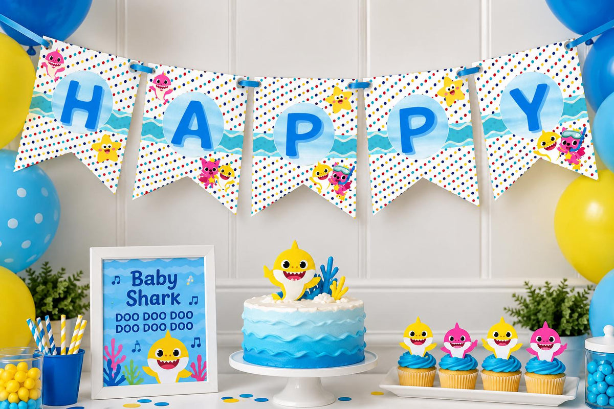Baby Shark Party Favor Bundle | Editable Canva Templates (Milk, Tall, Sushi Boxes + Banner)