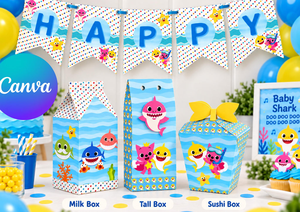 Baby Shark Party Favor Bundle | Editable Canva Templates (Milk, Tall, Sushi Boxes + Banner)