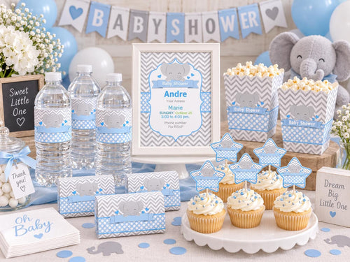 Blue Elephant Baby Shower Bundle | 5 Canva Templates