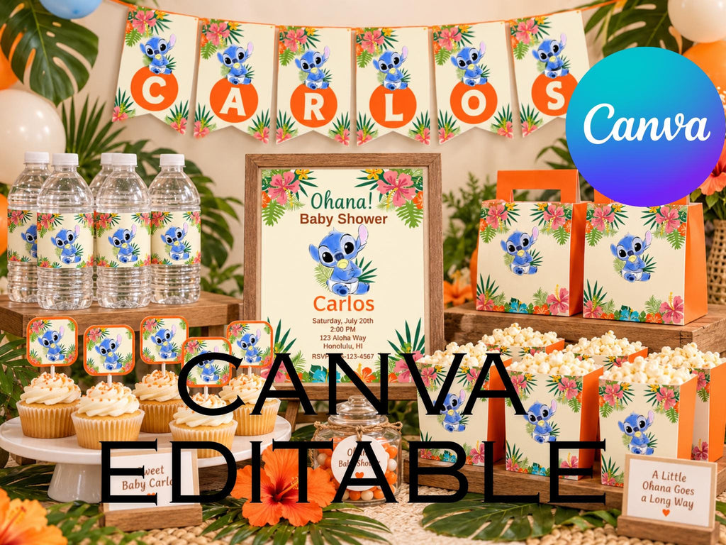 17-Piece Baby Stitch Baby Shower/Birthday Bundle| Editable Canva Templates