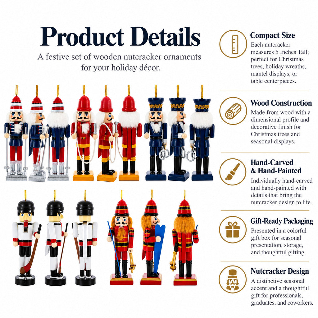 Wooden Nutcracker Christmas Ornament Set | 5 Pieces
