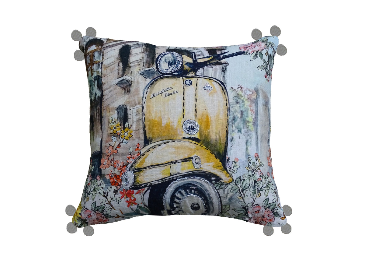Yellow Vespa Embroidered Accent Pillow | 18 × 18 in
